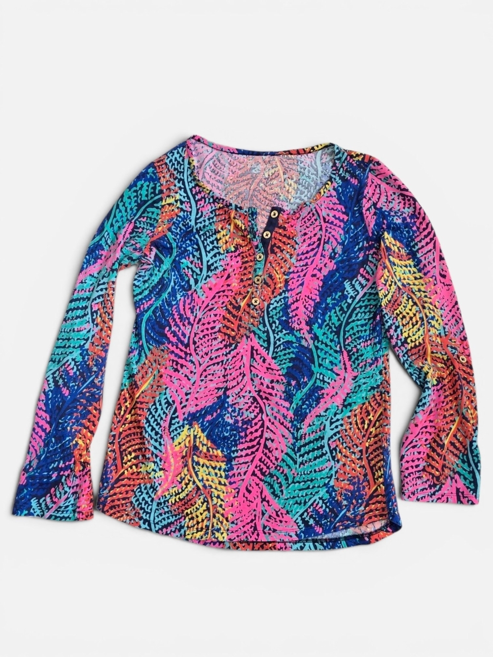 Lily Pullitzer Colorful Tropical Leaf‎ Print Long Sleeve Boho Henley Top